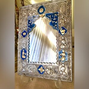 Antique Style Mirror with Andalusian Motifs Pressed on Silver Metal Frame